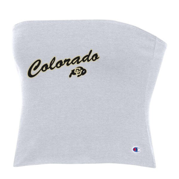 A heather gray tube top, featuring black Colorado script and a C-U Buffalo logo.